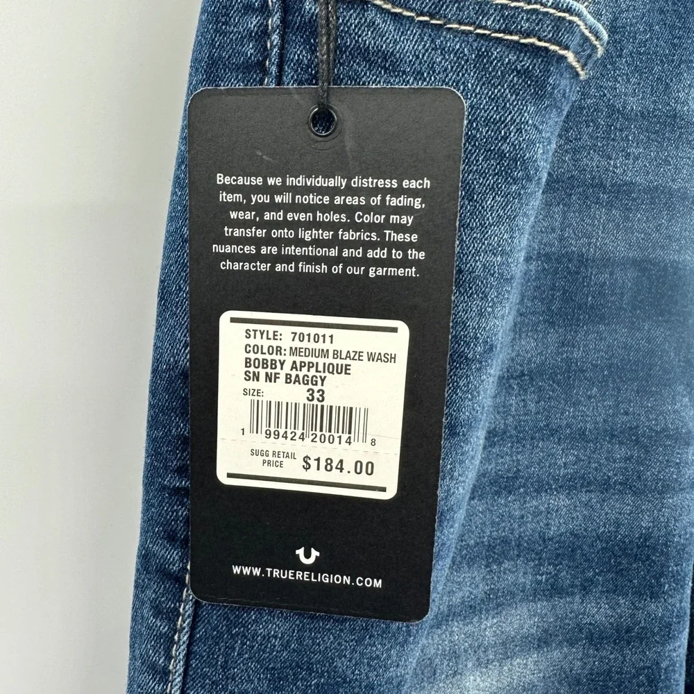 True Religion Bobby Applique Relaxed Baggy Jeans Medium Blaze Wash 33X32 NWT New